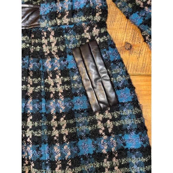 Womens Steve Madden Blue Plaid Tweed Belted Faux Leather Trim Buttons Coat L - Picture 5 of 12